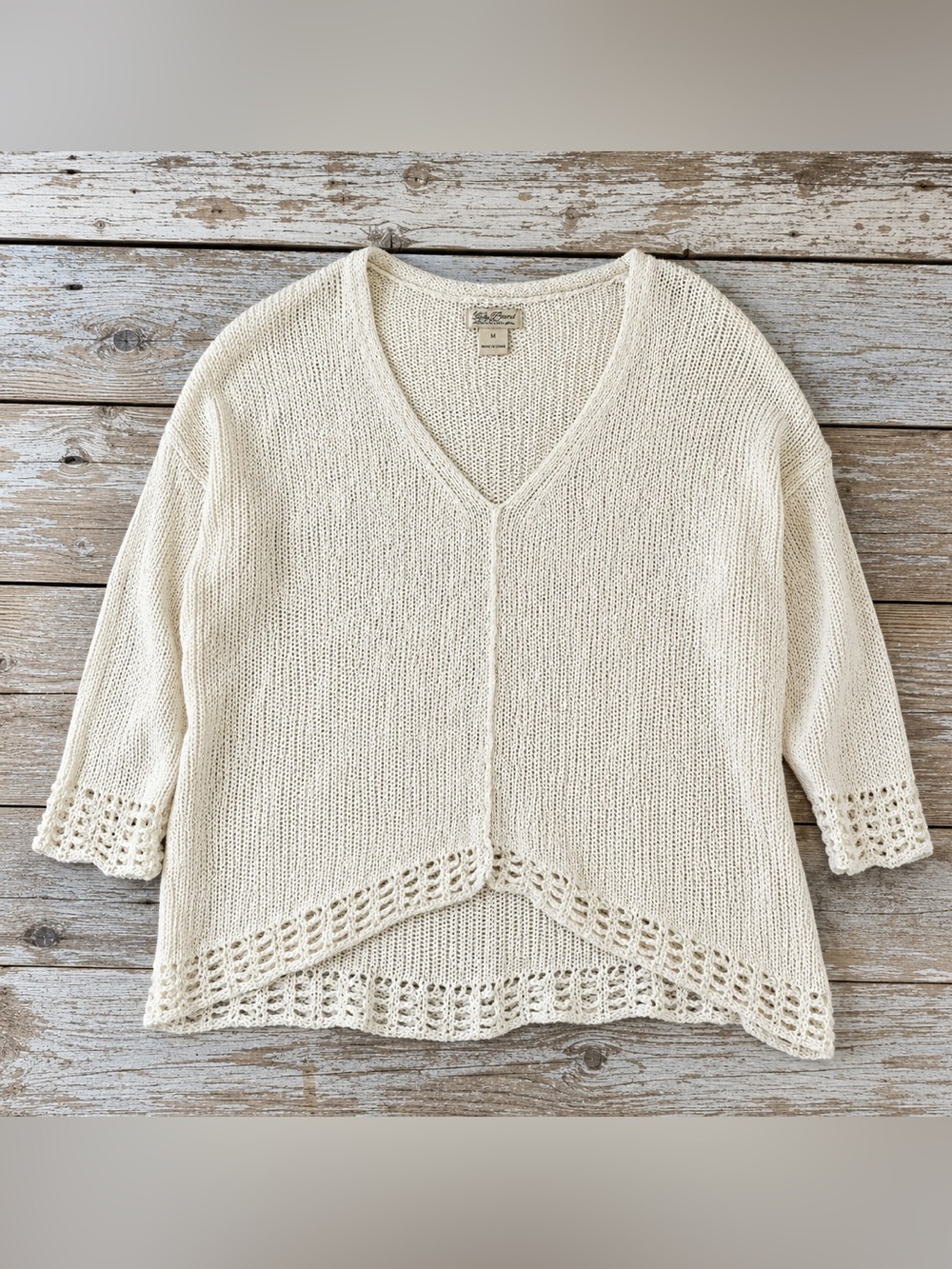 Lucky Brand V Neck Sweater Medium Macrame Crochet Knit
